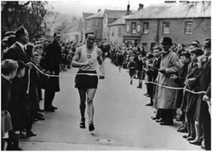 Finish line at Heathcoat Factory with John Harvey winning it again in 1947. Picture taken from Tiverton Museum of Mid-Devon Life.